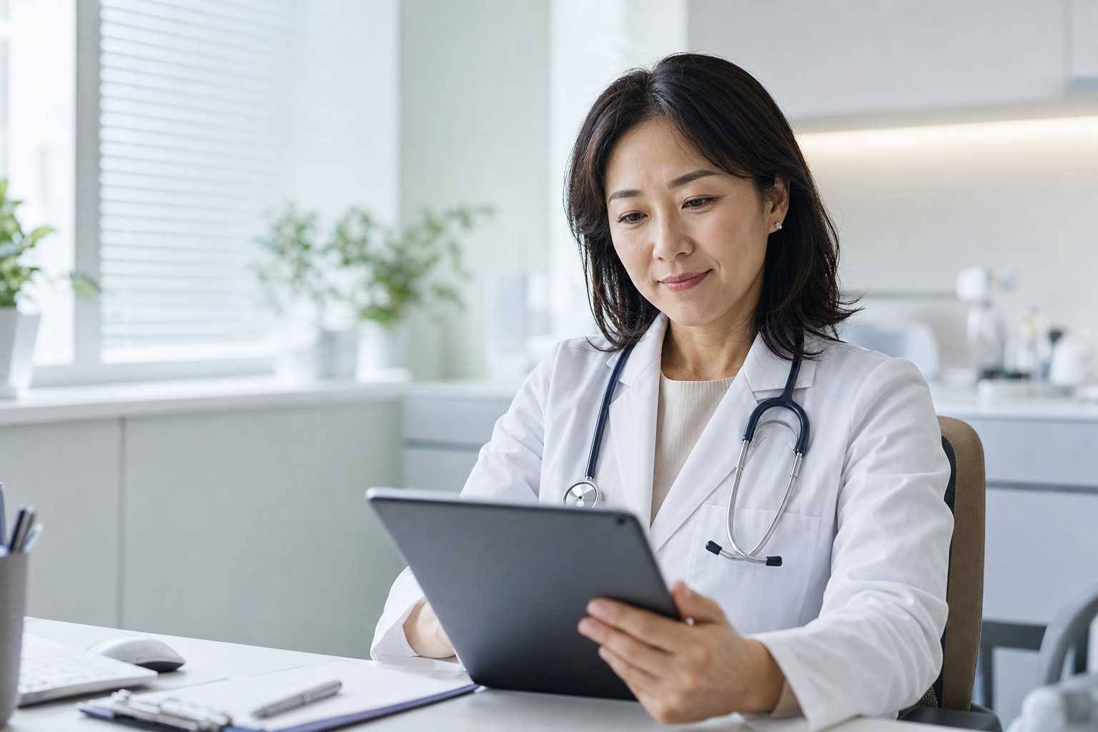 Physician reviewing information on a tablet