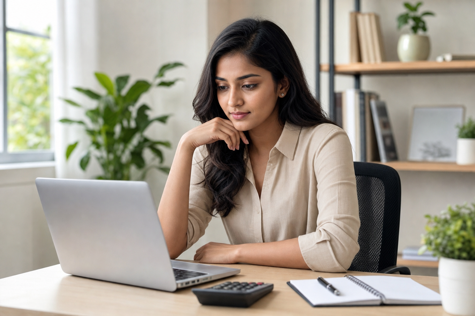 Person comparing options on a laptop with a calculator nearby
