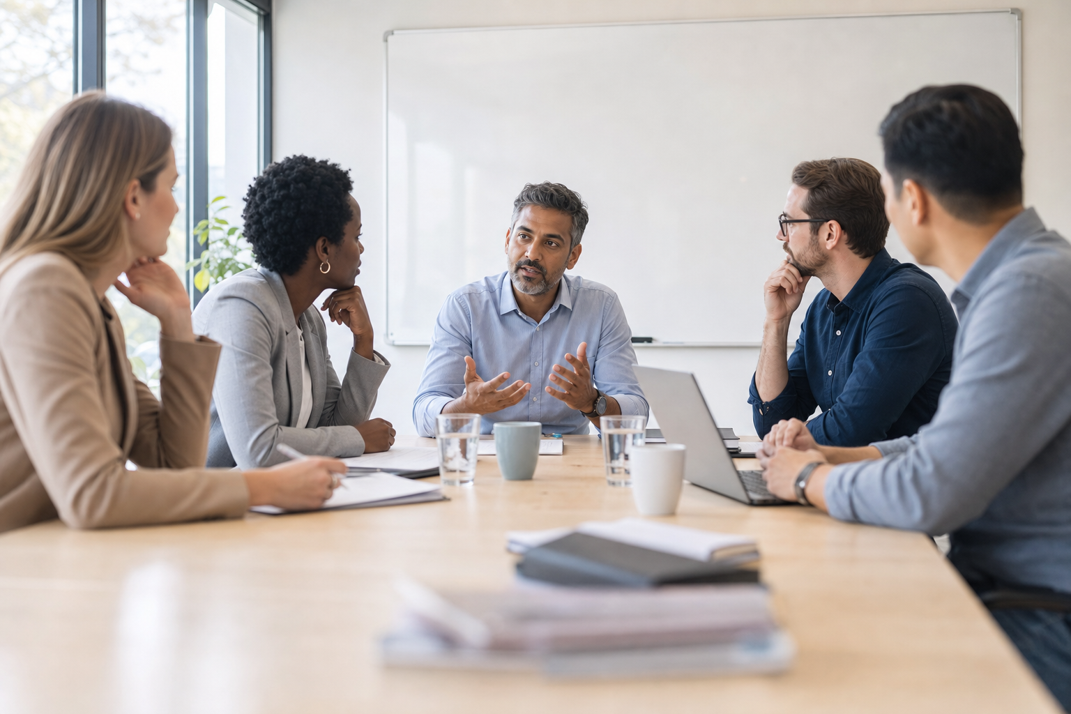 Team discussing compensation in a meeting room