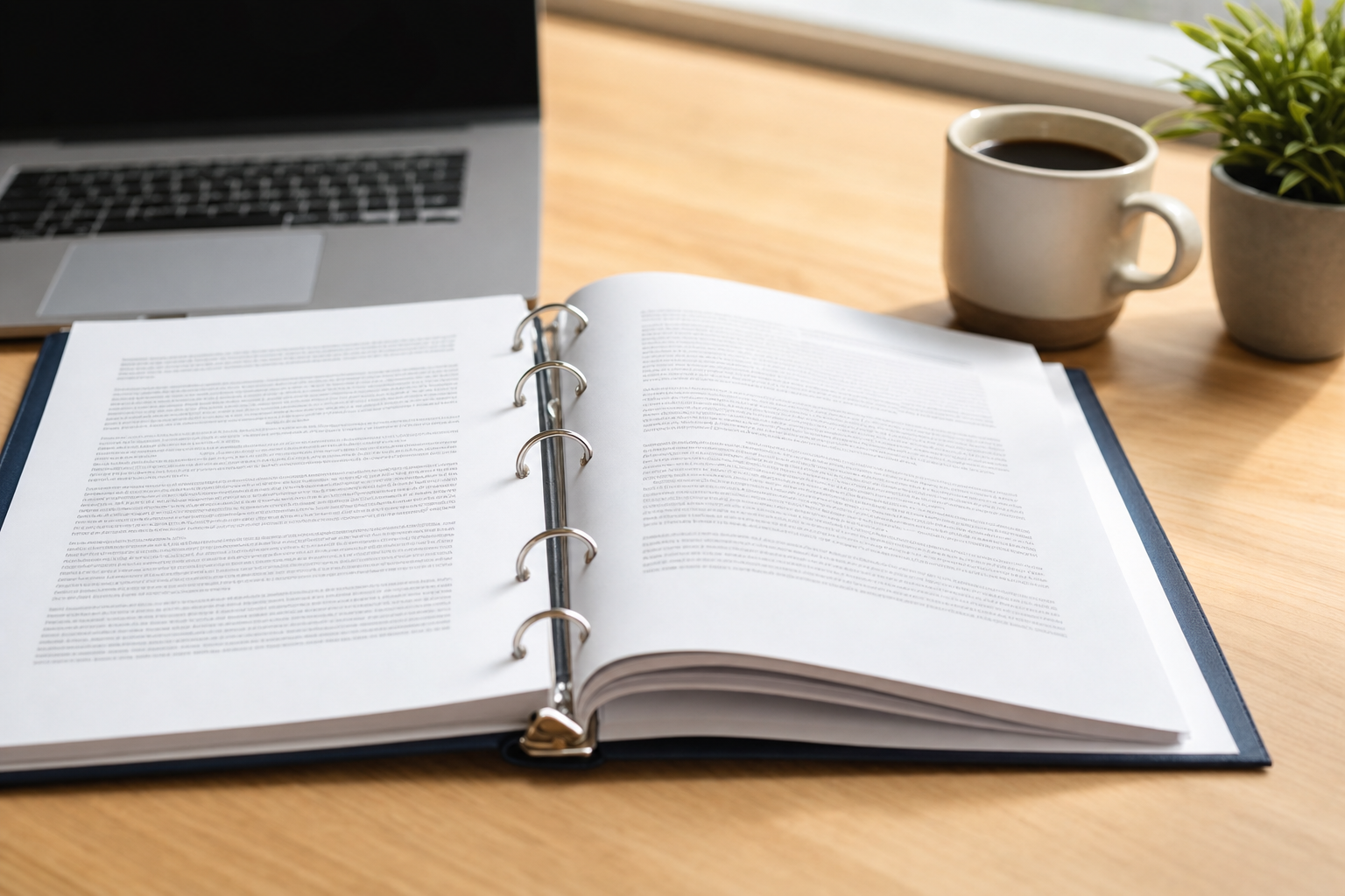 Person reviewing an employee handbook at a desk