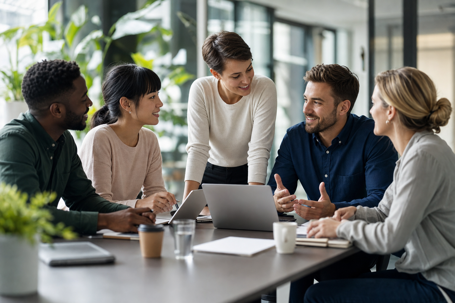 Diverse team collaborating around a laptop