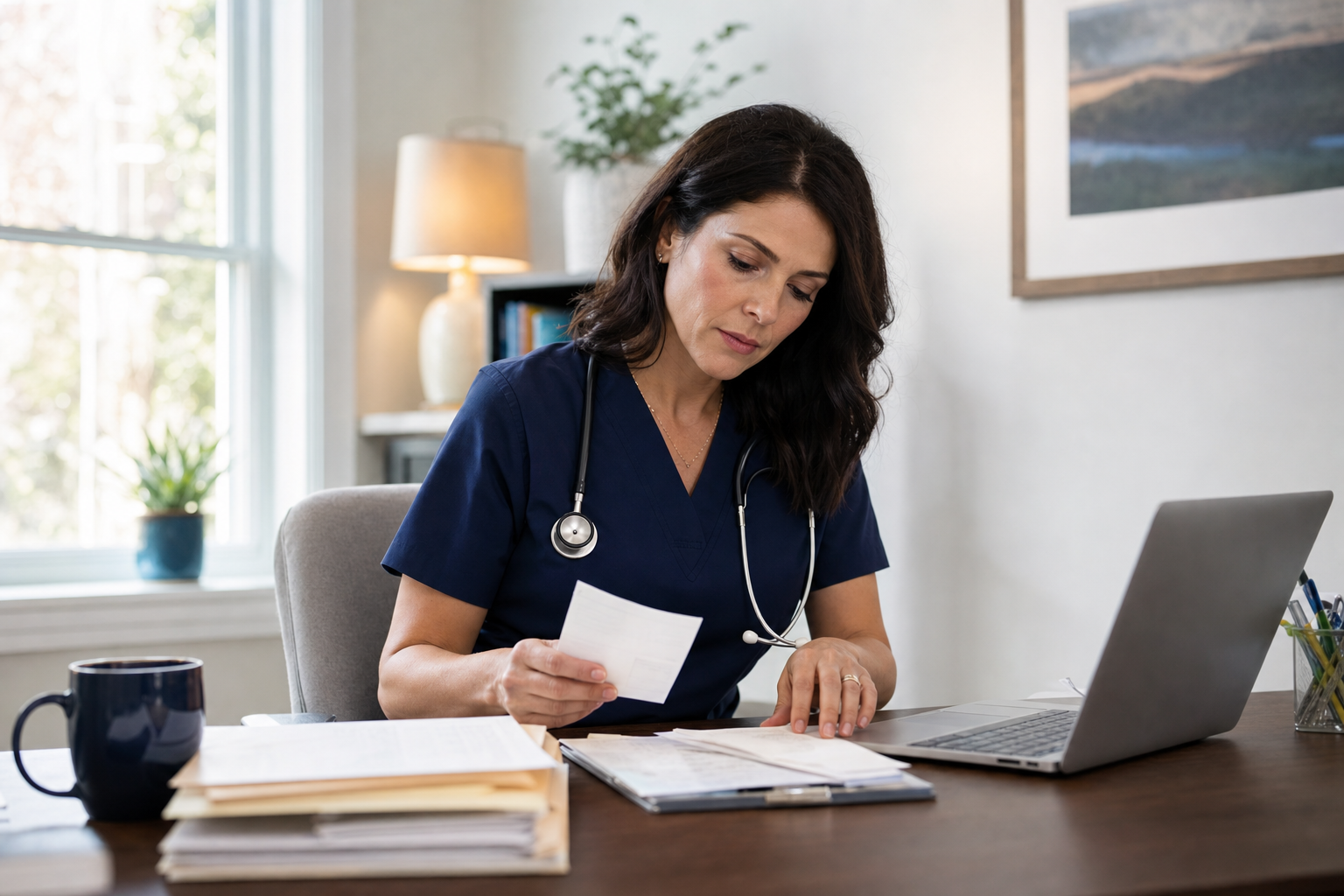 Independent medical provider reviewing receipts and paperwork at an office desk