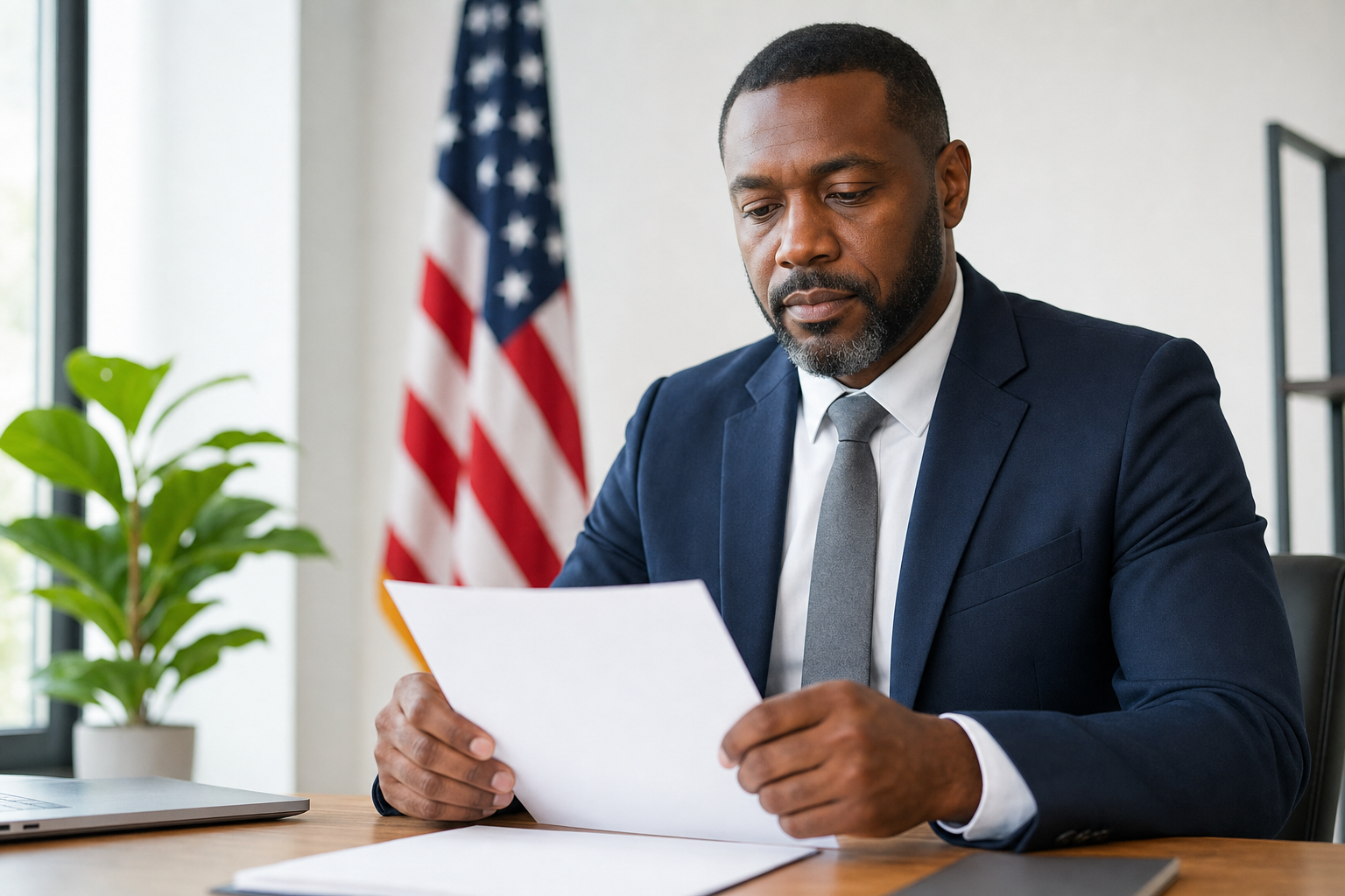 Professional reviewing contracting documents with an American flag nearby