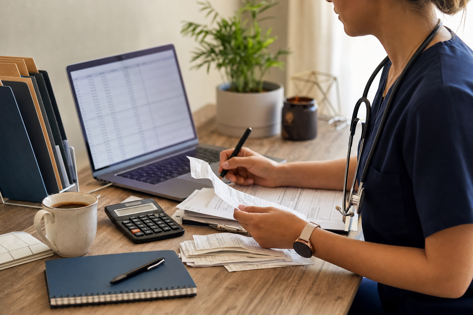 Independent provider organizing business finances and receipts at a desk