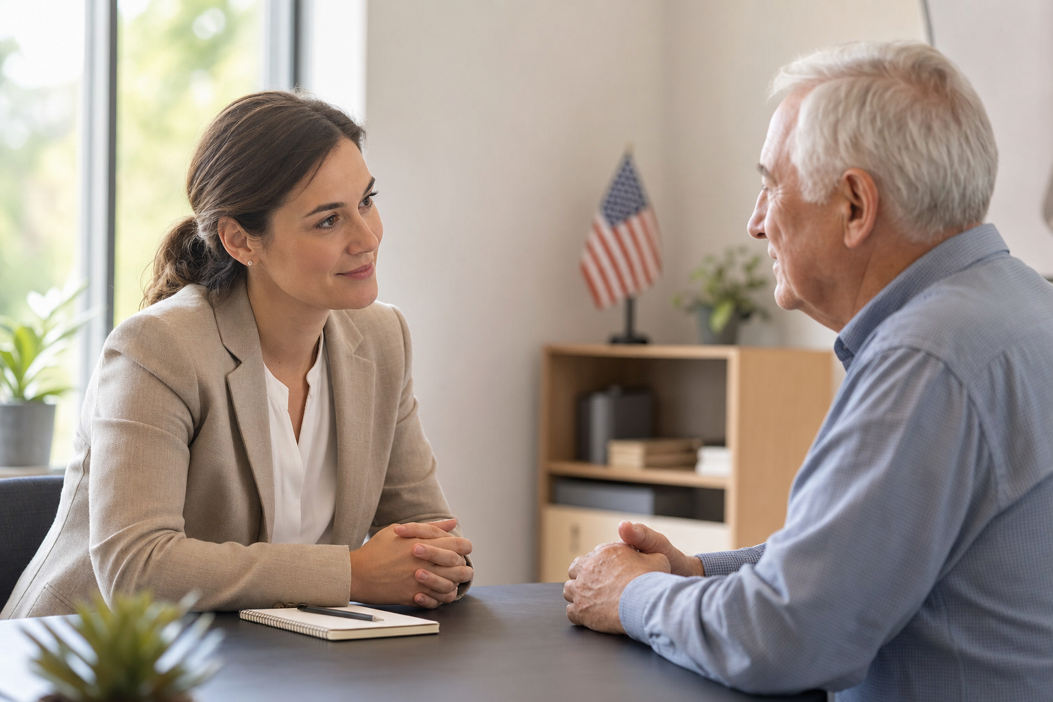 A medical provider listening to a veteran across a table in a bright office