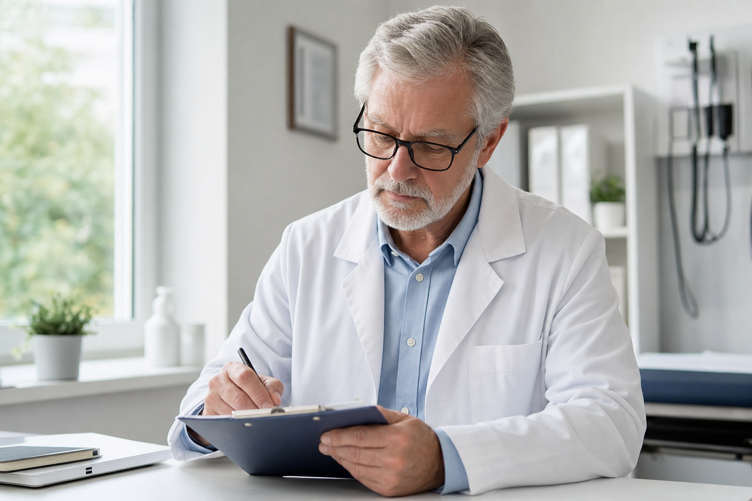 Clinician completing an evaluation form at a desk