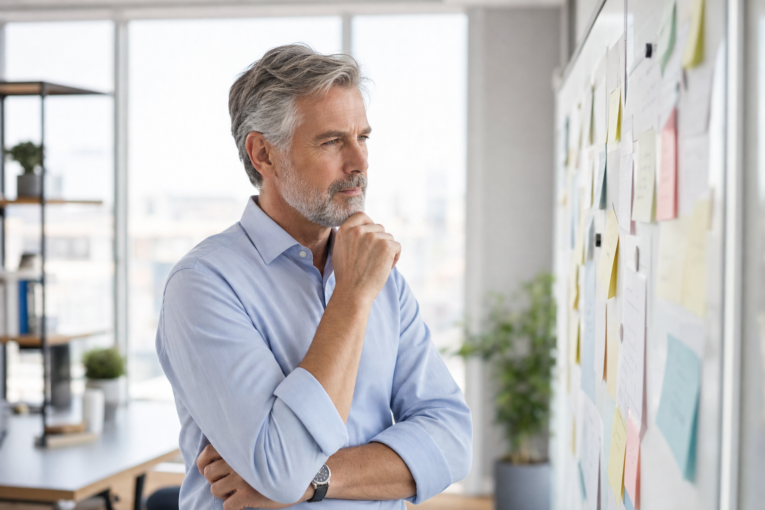Manager reflecting in front of a planning board